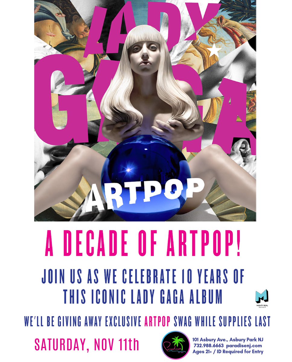 paradiseclubnj's tweet photo. Lady Gaga - ArtPop 10 ππ
Main Room - Saturday, 11/11
We'll be giving away exclusive ARTPOP swag while supplies last!!
#asburyparknj #paradisenj #gay #Igbtq #apnj #gaybar #Igbt #pride
#gaypride #gaylife #instagay #ladygaga #artpop10 #donatella #applause #venus #gaga #artpop https://t.co/nDxvXkOVG5