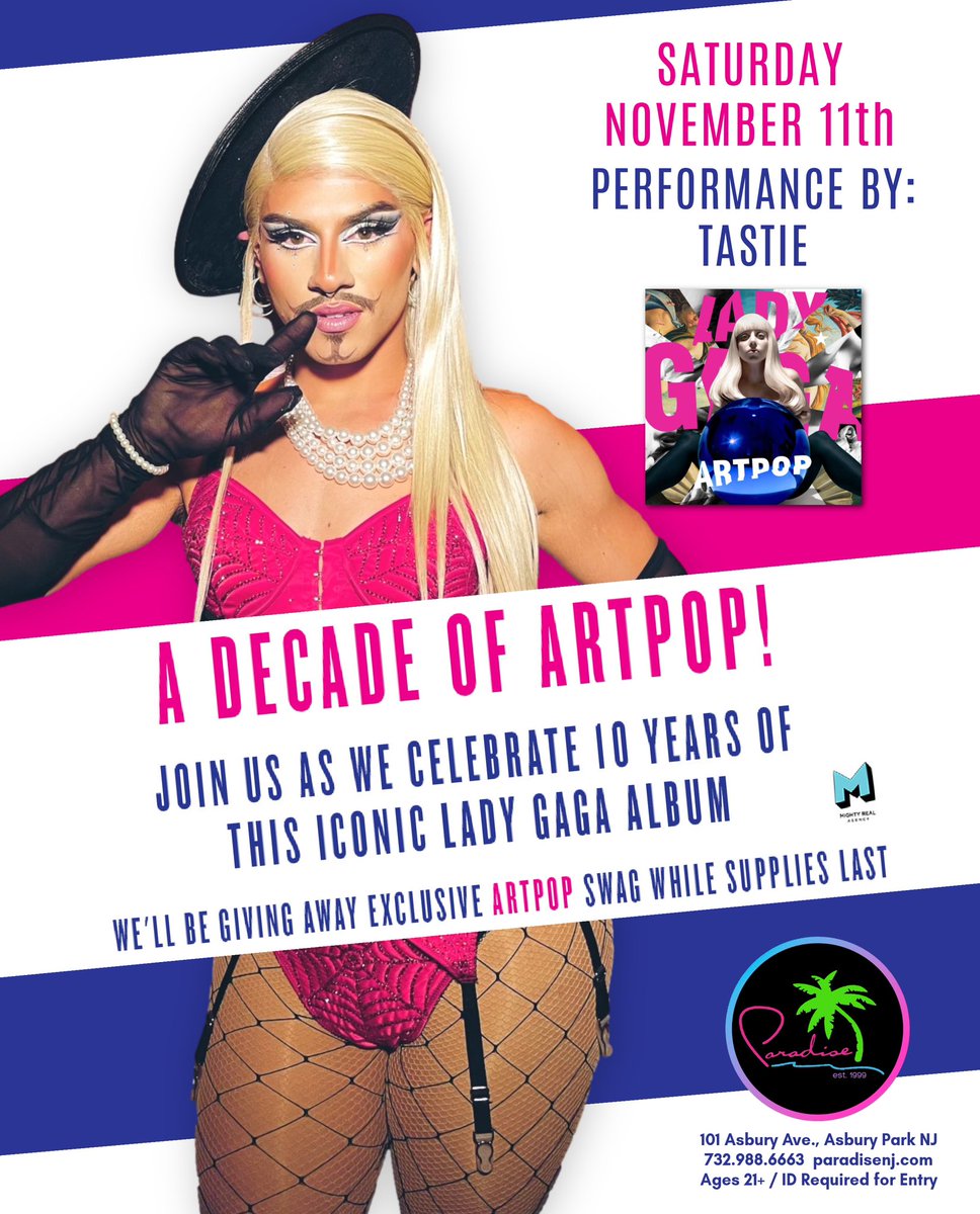 paradiseclubnj's tweet photo. Lady Gaga - ArtPop 10 ππ
Main Room - Saturday, 11/11
Performance time: Midnight
by Tastie in The Main Room
#asburyparknj #paradisenj #gay #Igbtq #apnj
#gaybar #Igbt #pride #Igbtpride
#gaypride #gaylife #instagay #ladygaga #artpop10 #donatella #applause #venus #gaga #artpop https://t.co/UMIUaiVrA5