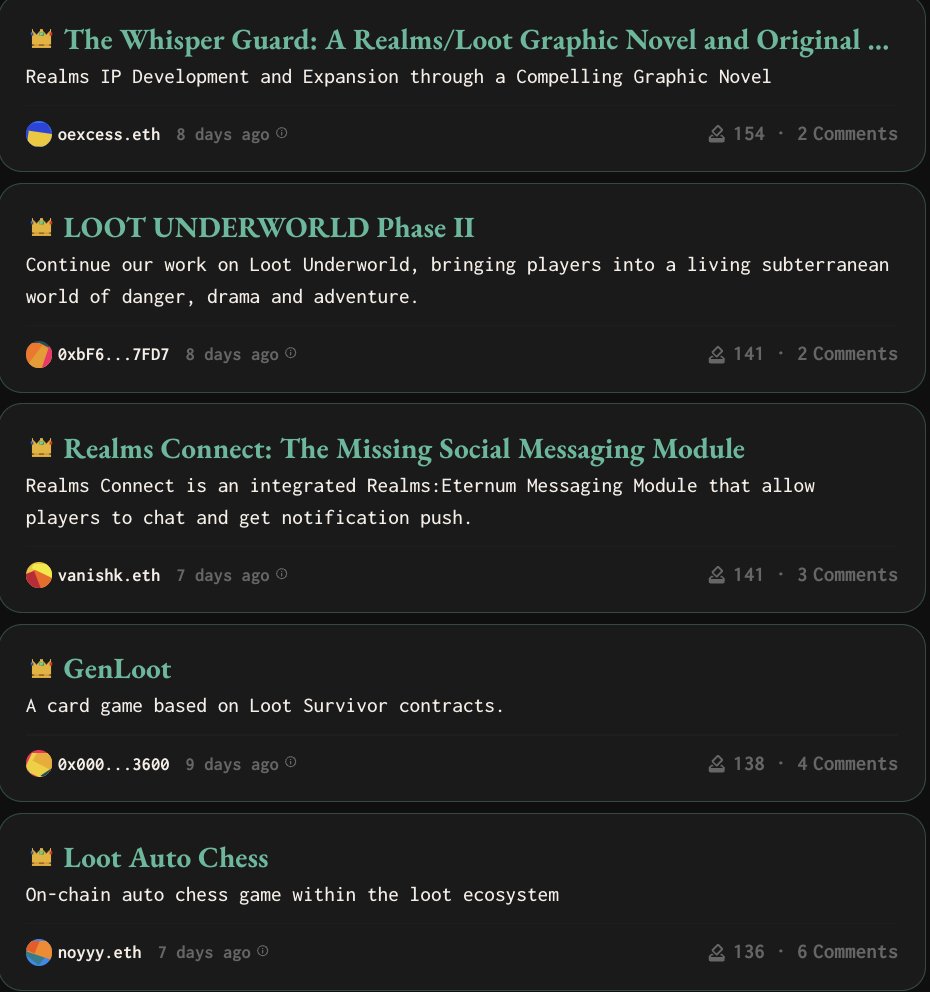 Congratulations to 10 teams getting $Lords funding from Frontinus House to grow the Realms.World ecosystem

👑 6 x new games
👑 1 x second stage funding of a game 
👑 1 x graphic novel
👑 2 x Eternum expansions

The Realms autonomous world on <a href="/Starknet/">Starknet (BTCFi arc)</a> is on 🔥 rn