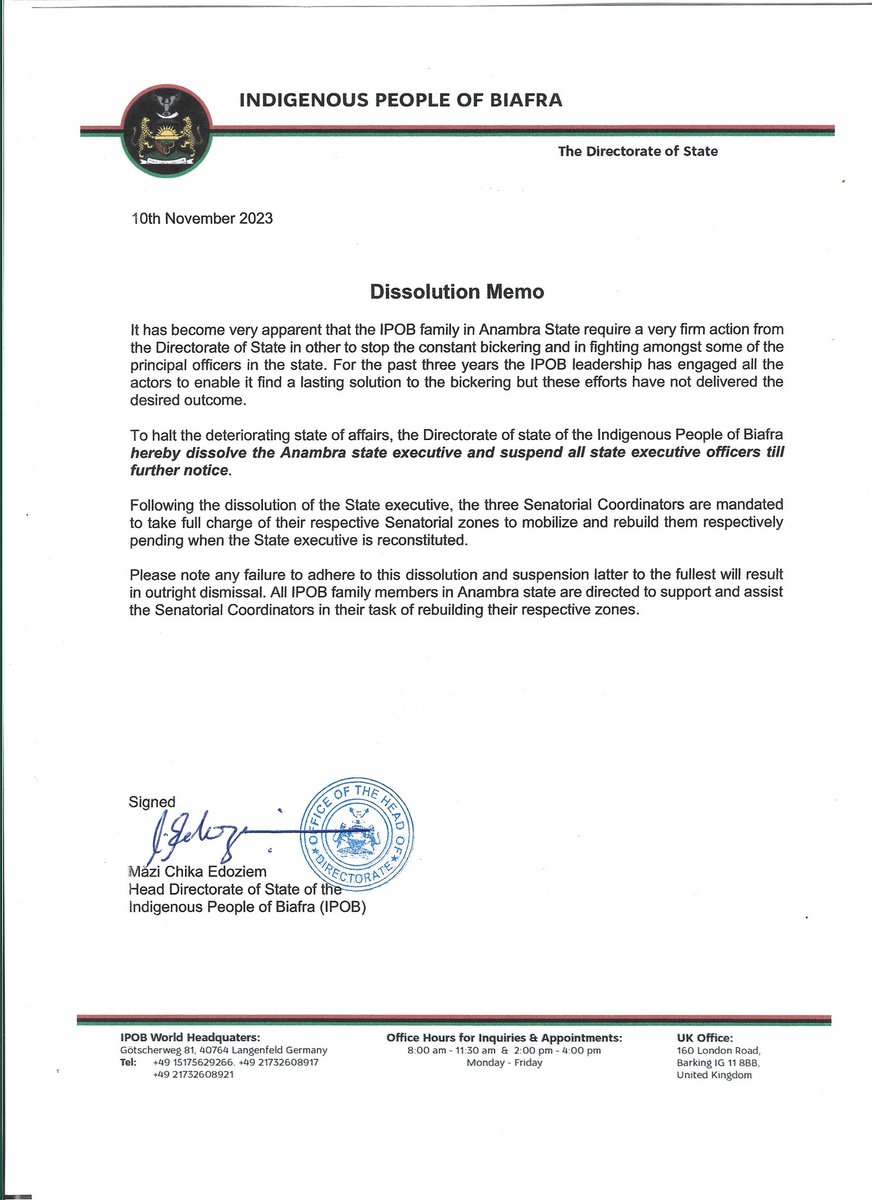 IpobOntario's tweet image. DISSOLUTION MEMO!!!!👇🏿👇🏿

The Anambra IPOB State Executives are HEREBY #DISSOLVED

The Anambra Senatorial coordinators are HEREBY mandated to take #CHARGE with immediate effect.

The Suspended Executives should give ALL support to the appointed Senatorial coordinators, UNTIL...👇🏿