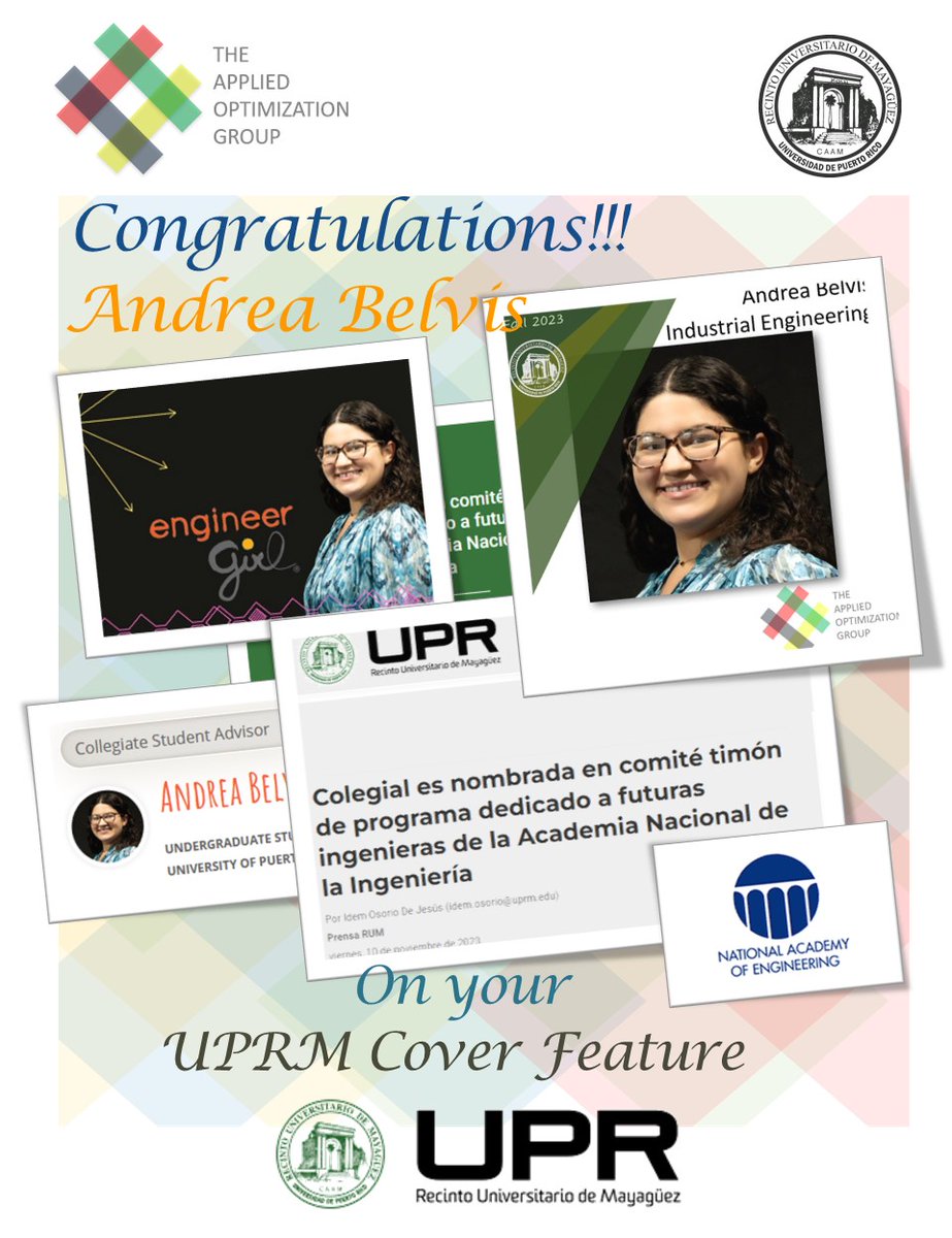 AppliedOptUPRM's tweet image. Congratulations, Andrea!!! 

#AOGachievers #AOG #UPRMEngineering #AOGTrailblazers #EngineerGirl #NAE @uprm @UPR_Oficial @PrensaRUM