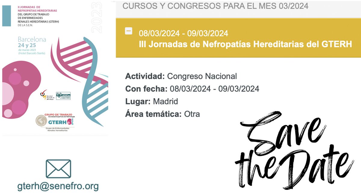 📆 #SaveTheDate 
➡️ Las próximas jornadas de nefropatías hereditarias del #GTERH de <a href="/SENefrologia/">S.E.N. Nefrología</a> se realizarán en #Madrid el 8 y 9 de marzo de 2024
#Senefro23