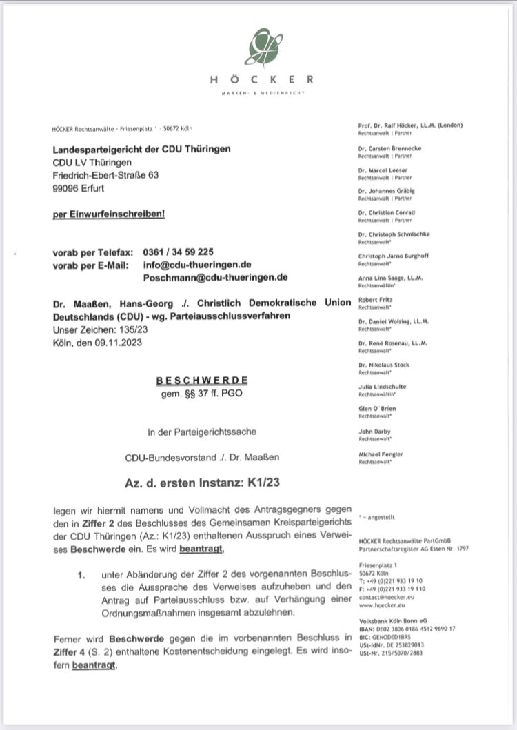 Das Erfurter Parteigericht hatte im Juli entschieden, dass mein Ausschluss aus der #CDU rechtswidrig war und mich in meinen Rechten verletzt. 

#Merz ließ am Montag erklären, dass er gegen diese Entscheidung Beschwerde einlegen wird, um mich aus der Partei zu werfen.

Ich habe