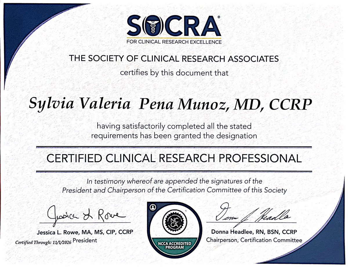 ValeriaPenaMD9's tweet photo. I’m excited to share that I recently got my CCRP certification from SOCRA! This certification not only has helped me to consolidate my research regulatory knowledge, but it will also help me to further advance my career.🥳 #CCRP #SOCRA #ClinicalResearch https://t.co/nF1n6h8sz1