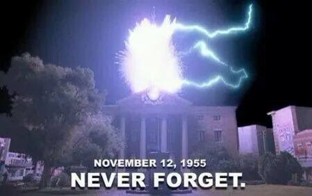 Nov 12, 1955: in the film, lightning struck the clock tower in Hill Valley at precisely 10:04pm sending Marty Back to the Future. #80s #bttf