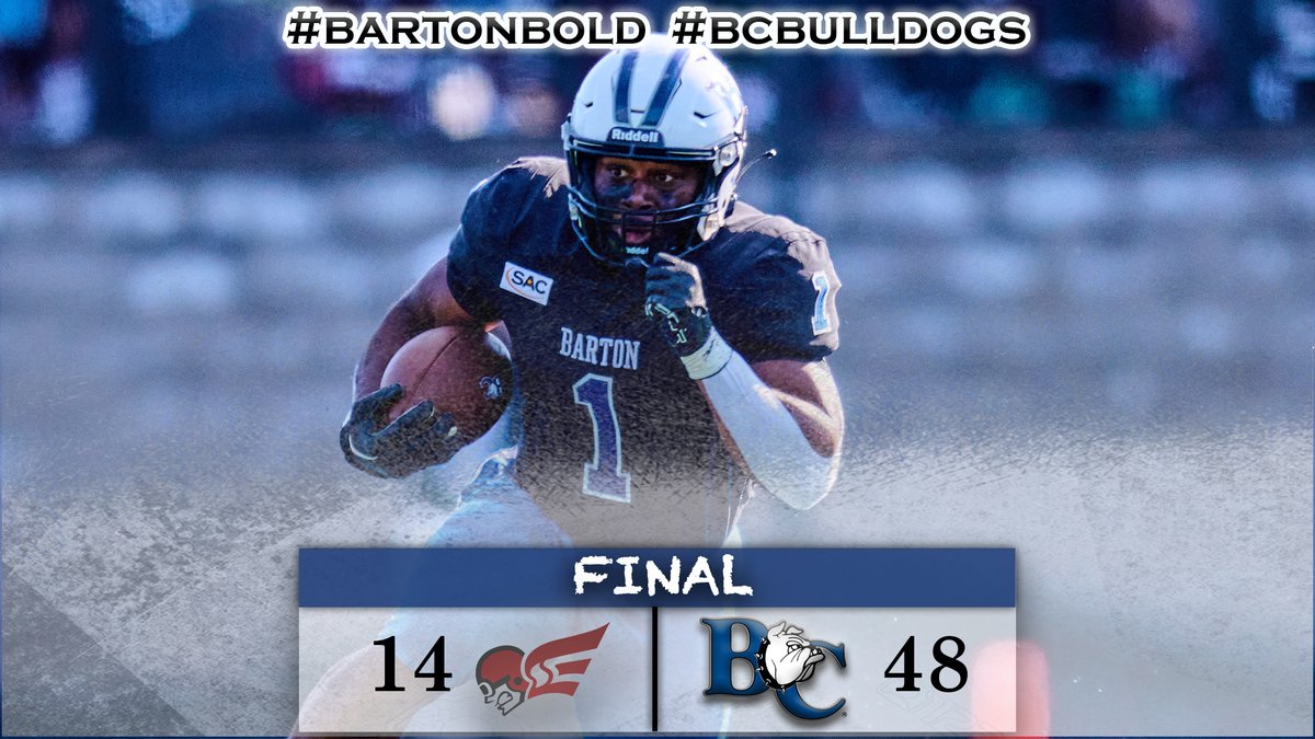 FOUR. ZERO. THREE! . Barton (6-5) ends the year with a winning record after beating Erskine, 48-14, in the finale Saturday in Greenwood, S.C. . Jordan Terrell:  4⃣0⃣3⃣ yards rushing, 4⃣ touchdowns! . #BartonBold . #BCBulldogs . <a href="/barton_fb/">BartonCollegeFB</a> . @FloFootball . <a href="/SAC_Athletics/">South Atlantic Conference</a> . 🏈🏈🏈