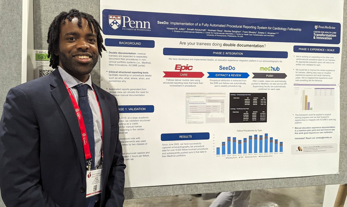 New job, new hair, same mission: making clinical data work for clinicians. Today I presented SeeDo, a fully integrated procedural attribution pipeline. With SeeDo echo reads for our @PennCVFellows are extracted and pushed to MedHub automatically. #AHA23