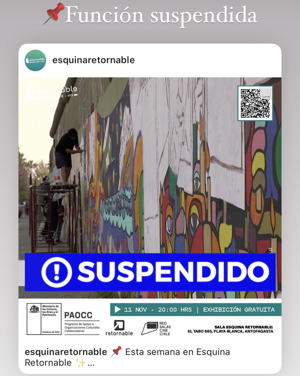 📌 Función de El Pincel Como Arma se suspende por esta semana. Próximamente la estaremos programando en nuestra cartelera. Encuentra más información en esquinaretornable.cl #Antofagasta 🙌