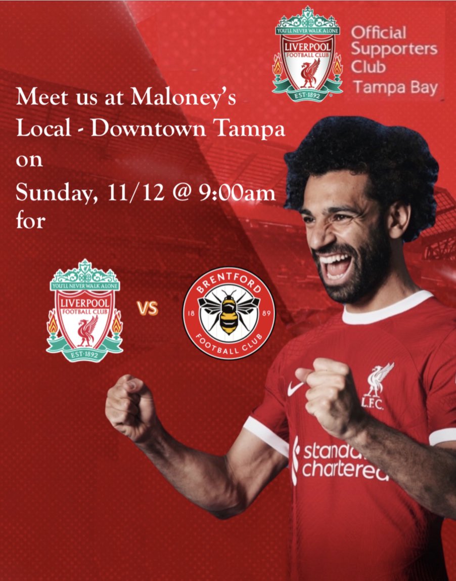 🔴 We will be at Maloney's Local-Downtown Tampa for this weekend's match against Brentford on Sunday.
Kick off is at 9:00am. Come out and support the Reds!! Up the Reds!
