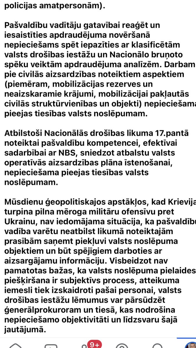 Šonedēļ paziņoju, ka pēc valsts svētkiem iesniegšu Saeimā likumdošanas iniciatīvu par nepieciešamību noteikt prasību saņemt pielaidi valsts noslēpumam pašvaldību vadītājiem, viņu vietniekiem un izpilddirektoriem, lai viņi varētu pildītu savus pienākumus. Kādēļ? 👇