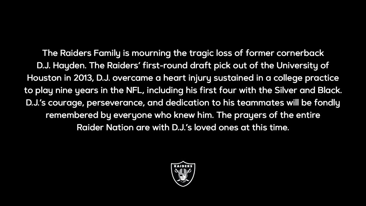 Raiders's tweet photo. The Raiders Family is mourning the tragic loss of former cornerback D.J. Hayden. https://t.co/cZPn9z181D