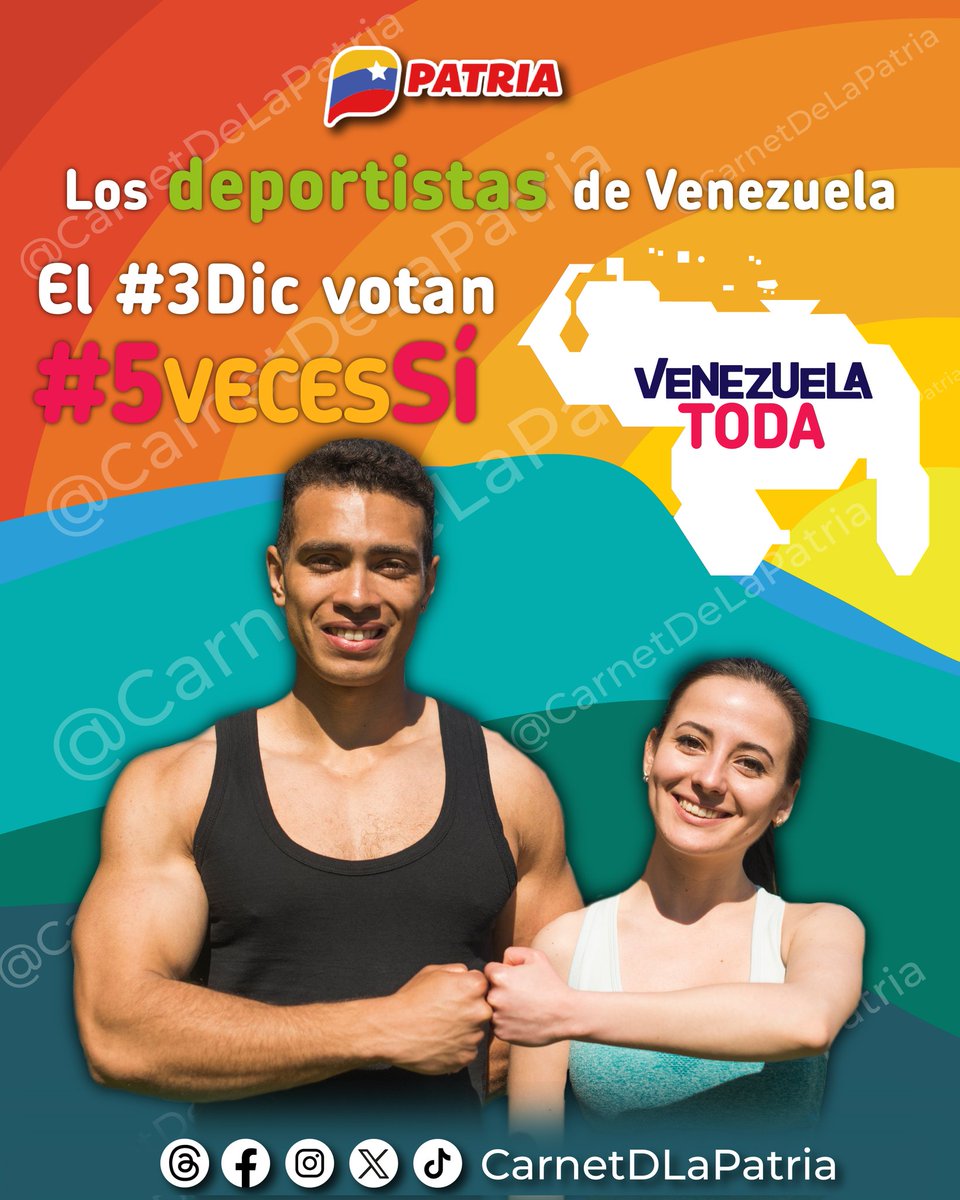 Venezuela Toda le pertenece al pueblo venezolano que está siempre dispuesto a defender su integridad territorial. Desde el #SistemaPatria exaltamos el compromiso de las y los deportistas, Generación de Oro que el #3Dic Vota #5VecesSí. #ElEsequiboNosPertenece #11Nov