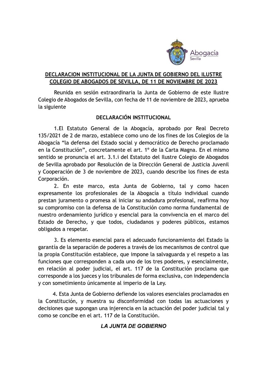 ICASEVILLA's tweet photo. DECLARACION INSTITUCIONAL DE LA JUNTA DE GOBIERNO DEL IILUSTRE COLEGIO DE ABOGADOS DE SEVILLA, DE 11 DE NOVIEMBRE DE 2023 https://t.co/zSfxkvnZt5