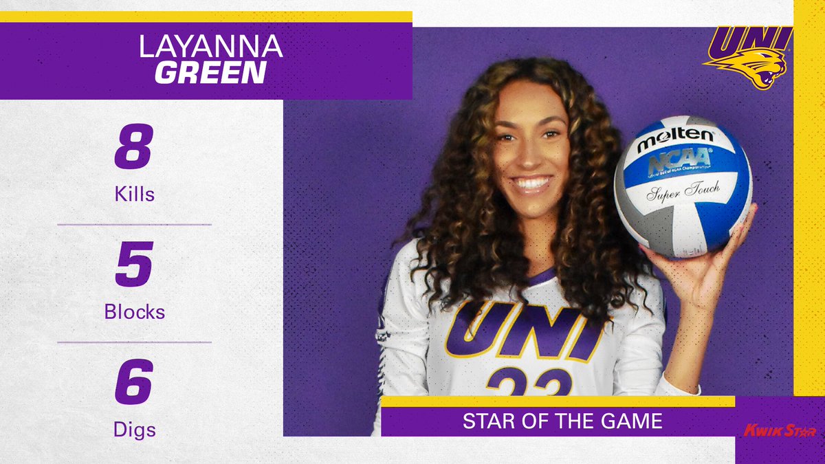 UNIVolleyball's tweet photo. Layanna Green is tonight's @KwikStar Star of the Game after a FIVE BLOCK performance against the Beacons!

#EverLoyal #1UNI https://t.co/JzlrtyBozz