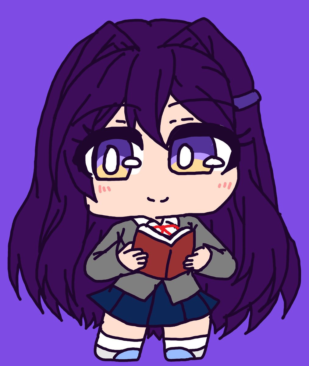 yuri (doki doki literature club) 1girl solo book purple hair long hair chibi simple background  illustration images