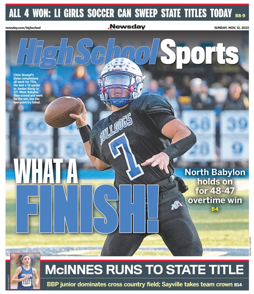 ⭐️Newsday's Sunday
High School Sports Cover⭐️

🏈North Babylon holds on for 48-47 OT win

⚽️PLUS: 4 LI girls soccer teams go for state titles Sunday

🏃‍♀️AND: BBP's Sophia McInnes wins cross country state crown

<a href="/APSE_sportmedia/">APSE</a>