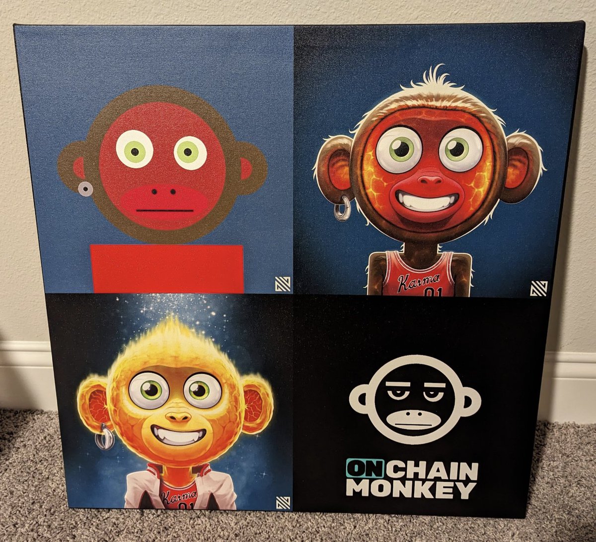 Wow! I received my <a href="/CanvasesNft/">NFTCanvases | Exclusive Web3 Authentic Prints</a> of my <a href="/OnChainMonkey/">OnChainMonkey®</a> Full Set today and it's amazing! 

🐒🍌

I did a 24x24 and it's definitely going to make me smile each time I walk into my office. Positive vibes.
