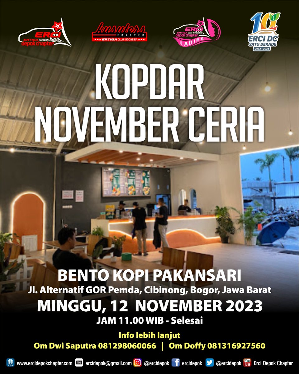 Yuk kopdar Yuk  

buat om dan tante yang mau bersilaturrahim, yuk kosongkan jadwal nya: Minggu, 12 Nopember 2023 kire2 jam 11 siang dah pas nye  
yuk dah ketemuan di Bento Kopi - Pakansari, Bogor biar gampang, nih panduan map nya : maps.app.goo.gl/i7WGVcAt8U8xJv…… 

Yuks dah kita kuy