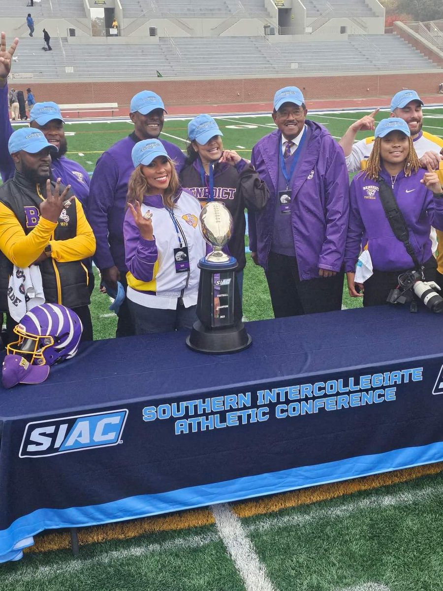 HBCUSports1's tweet photo. Benedict College President Artis , AD Washington and Coach Chennis Berry Staff with SIAC Championship Trophy https://t.co/fFEOIJx70z
