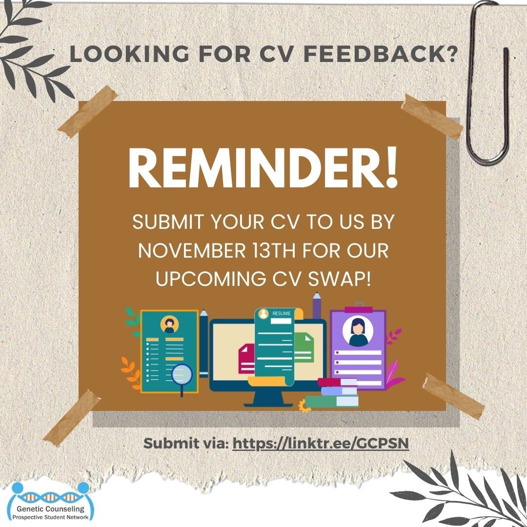 SCaGCPSN's tweet photo. Reminder!! Please submit your CV to GCPSN via https://t.co/Cwi87iZbTF for our upcoming CV Swap. The
deadline to submit your draft is Nov 13th. The event will take place on Nov 15th at 6PM. We look forward to seeing you there🧬 https://t.co/eiyN6MHLWP