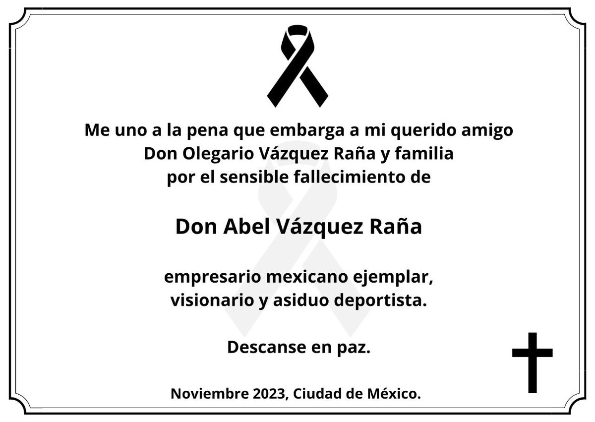 Reitero mi más sentido pésame a Don Olegario Vázquez Raña, quien hoy, fuerte como siempre, siguió adelante con una ceremonia para entregarme la Orden Olímpica en un momento muy complicado para él, mis condolencias por la partida de Don Abel Vázquez Raña. QEPD.