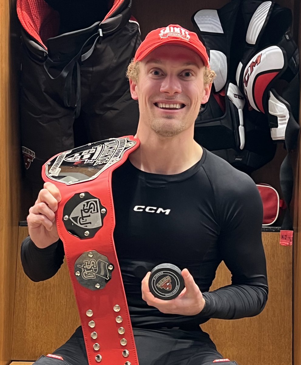 SkatingSaints's tweet photo. Player of the Game belt: ✅ 
First career goal: ✅
Have a day, Logan Ritchie!  🚀🚀 #herewegoSAINTS https://t.co/IhOuiWWfwO