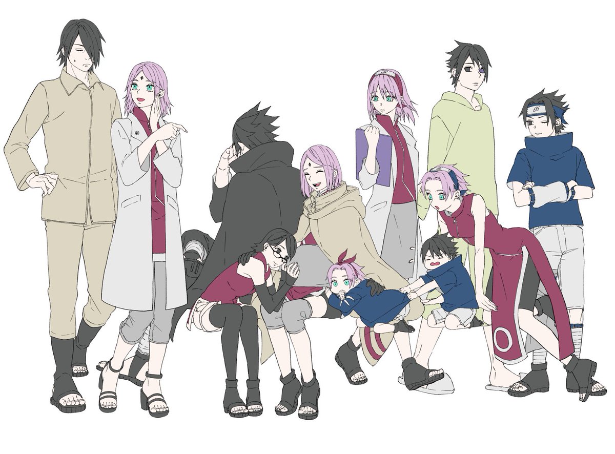 haruno sakura ,uchiha sasuke multiple girls pink hair black hair multiple boys short hair facial mark toeless footwear  illustration images