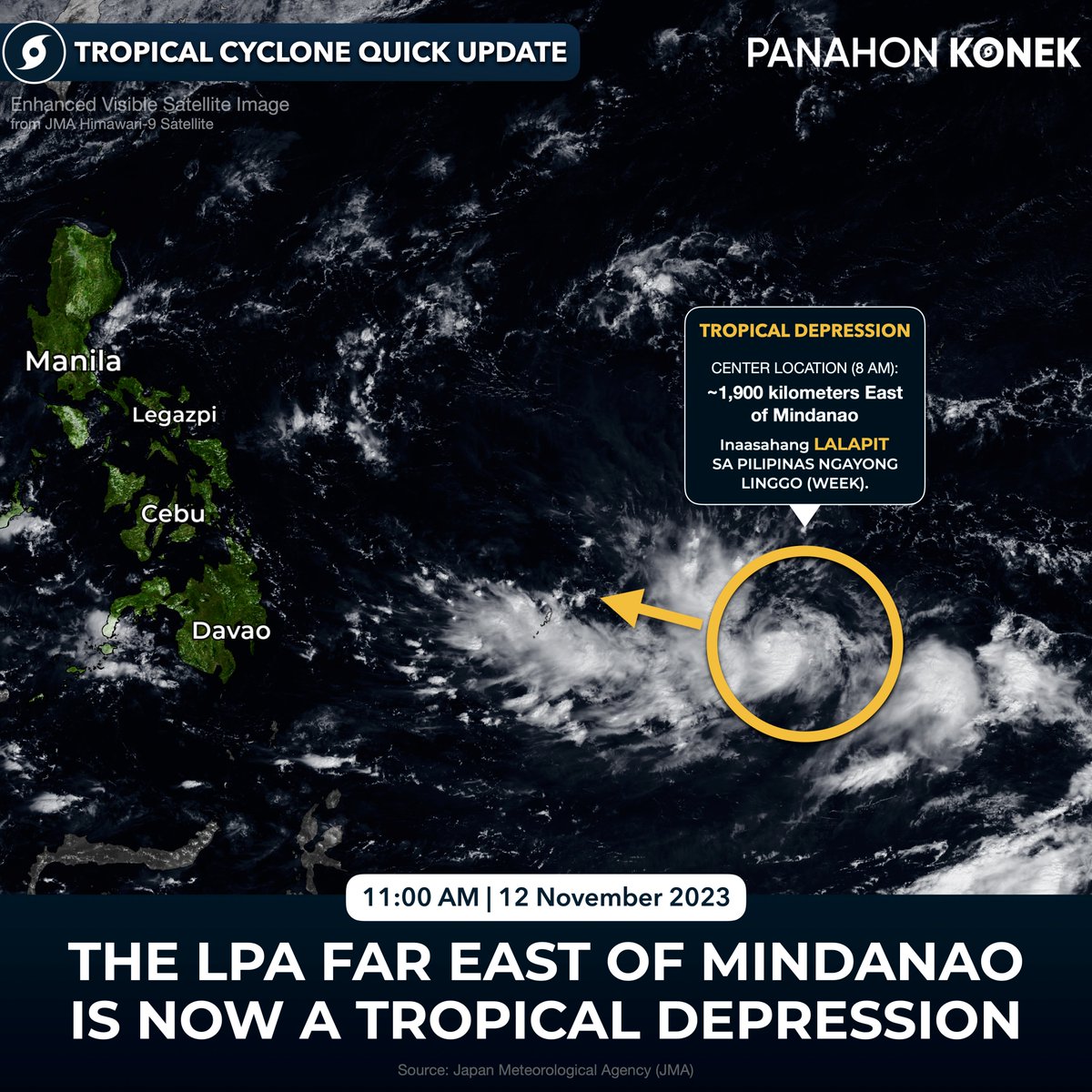 sciencekonek's tweet photo. THE LPA FAR EAST OF MINDANAO IS NOW A TROPICAL DEPRESSION ⚠️

Ang Low Pressure Area (LPA #95W) sa malayong silangan ng Mindanao ay isa nang minor Tropical Depression, ayon sa JMA. Inaasahan itong lalapit sa bansa sa huling bahagi ng linggong ito. Patuloy na babantayan kung ito ay tatama sa kalupaan o magrerecurve.

➡ Ang minor Tropical Depression ay tinatayang nasa ~1,900 kilometro sa silangan ng Mindanao ngayong umaga at halos hindi gumagalaw. Ito ay MALAYO at wala pang epekto sa anumang bahagi ng bansa ngayong weekend.

➡ Kung sakaling kilalanin na rin ng PAGASA sa mga susunod na araw, ang susunod na pangalan ng bagyo ay #KabayanPH.

➡ Patuloy na ipinapakita ng mga weather model na posible itong lumakas pa at lumapit sa silangang bahagi ng Pilipinas sa huling bahagi ng linggong ito.

⚠️ Simula sa Miyerkoles o Huwebes, ang shear line at trough ng nasabing sama ng panahon ay maaaring magpaulan na sa silangang mga bahagi ng Southern Luzon, Visayas, at Mindanao.

⚠️ Nananatiling HATI ang mga weather model sa magiging pagkilos ng sama ng panahon sa mga susunod na araw. Hindi pa tiyak kung ito ay magrerecurve lamang, didikit sa silangang bahagi ng Luzon bago magrecurve, o tatawirin ang kalupaan ng Pilipinas. Ito ay patuloy na babantayan.

⦿ Bukod sa posibleng sama ng panahon, ang paglakas ng #amihan sa mga susunod na araw ay magdudulot rin ng maulang panahon sa hilagat at silangang mga bahagi ng bansa.

ℹ️ Ito ay base sa ating mga nakalap na datos mula sa PAGASA, JMA, JTWC at iba't iba pang mga weather model. Patuloy na inaabisuhan ang lahat na maging updated sa magiging lagay ng panahon at iwasang magpakalat ng mga impormasyon patungkol sa posibleng landfall, dahil marami pang magiging pagbabago.

TROPICAL CYCLONE QUICK UPDATE
PANAHONKONEK
11:00 AM PhST | 12 November 2023