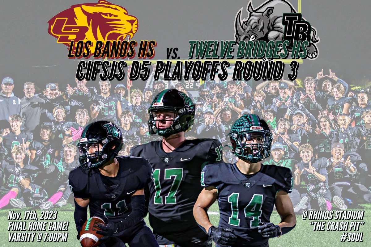 The schedule is set! Next Friday, Nov. 17th at 7pm @LosBanosTigers enter #thecrashpit to take on the 11-0 Raging Rhinos for a chance to battle for a @cifsjs section championship after Thanksgiving! #1 vs #4. Get your 🍿 ready, this is going to be a great matchup! 🦏⚫️🟢💥