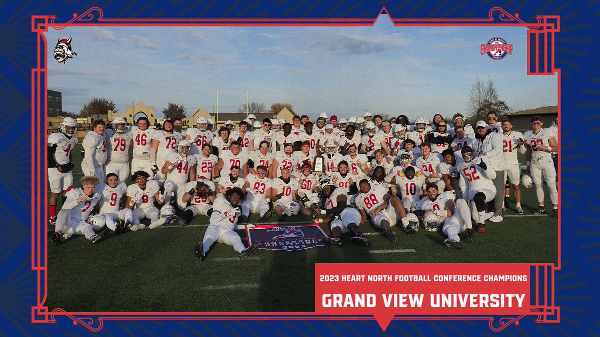 🏈, Congratulations to No. 2 ranked <a href="/VikingAthletics/">Viking Athletics</a> on winning the 2023 Heart Football North Division Conference Championship on Saturday! It's Grand View's fifth-straight Heart title! 

Next up is the <a href="/NAIA/">NAIA</a> Football Championship Series for the Vikings!