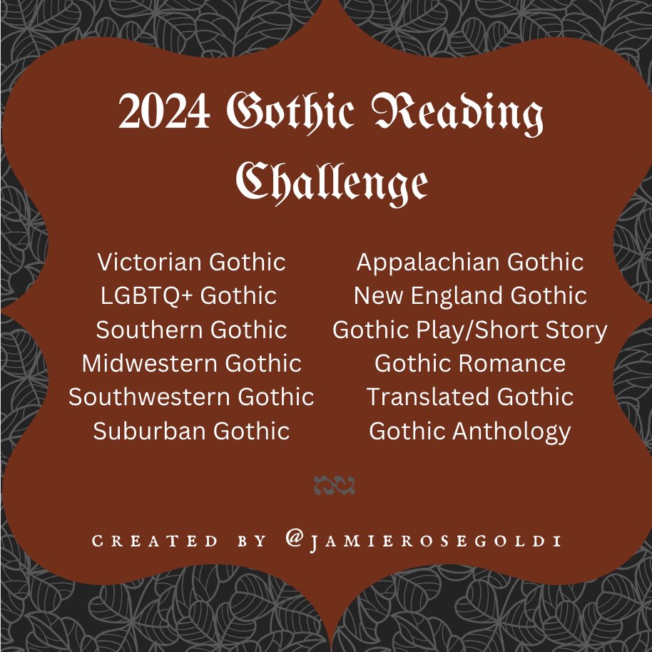 Who wants to join me for the #2024GothicReadingChallenge? #gothicreadingchallenge #gothicbooks #victoriangothic #wlwgothic #southerngothic #midwesterngothic #southwesterngothic #appalachiangothic #newenglandgothic