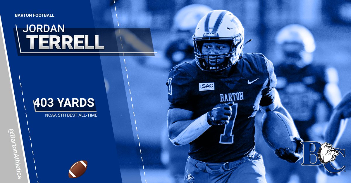 BartonAthletics's tweet photo. Barton's Jordan Terrell rushed for 4⃣0⃣3⃣ yards in the Bulldogs' 48-14 win over Erskine Saturday on the road in the season finale . The rushing mark is the 5⃣th-highest single-game total in NCAA history at all levels! . Jordan also scored 4⃣ touchdowns! . 🏈🏈🏈🏈 . @barton_fb https://t.co/4H07JB9htj