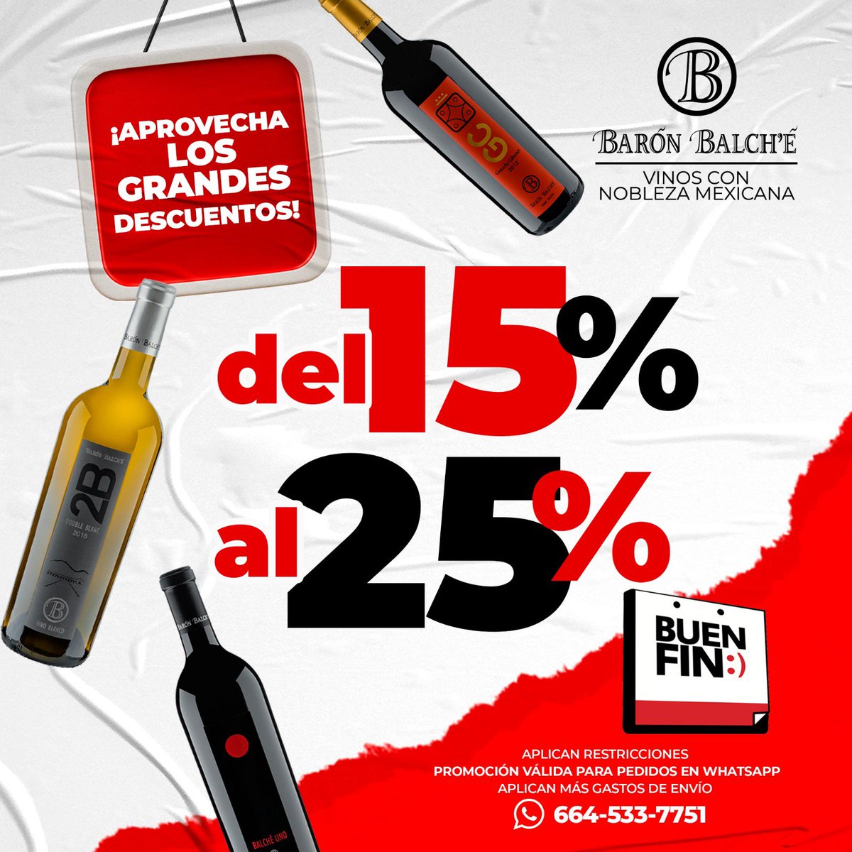Llego el buen fin a Barón Balch’é del 10 al 20 de noviembre, descuentos del 15% y 25%.

Haz tus pedidos vía WhatsApp
📲 664 533 7751

*aplica restricciones 
** más gastos de envío
+++ no aplica con otras promociones