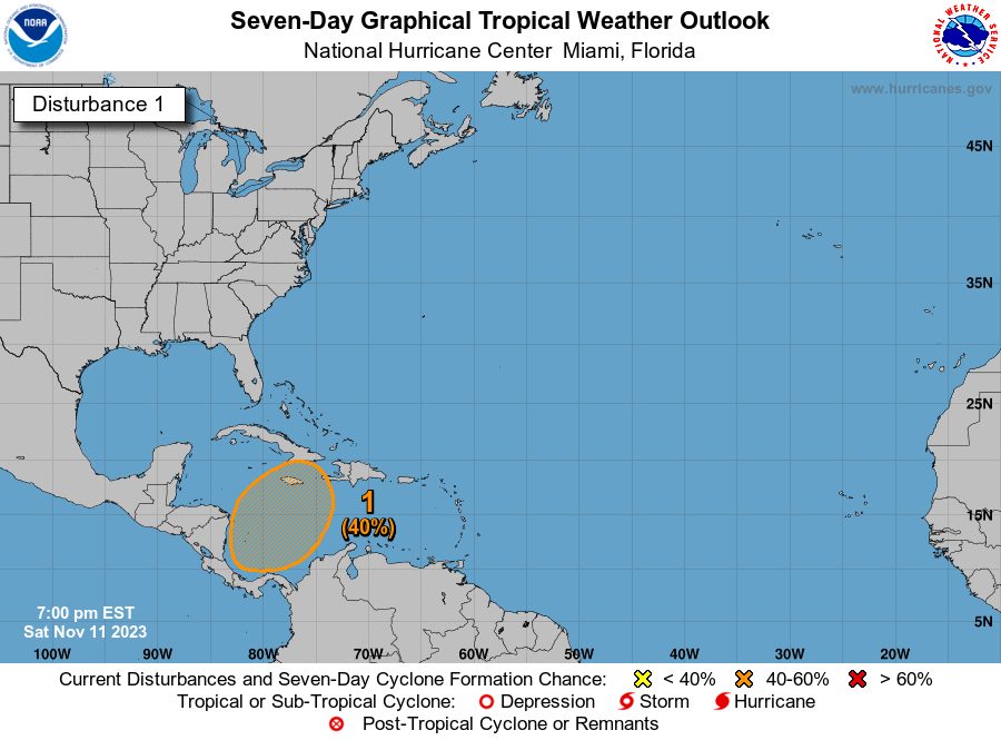 7pm EST 11th November : NHC is monitoring a broad area of low pressure that is forecast to form in the SW Caribbean Sea by the middle part of next week. It currently has a medium chance (40% 🟠) of tropical cyclone formation over the next 7 days.  Stay informed at