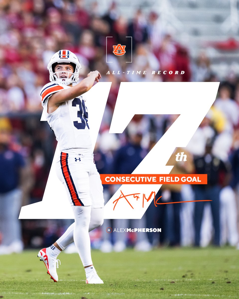Auburn Football (@auburnfootball) on Twitter photo RECORD BOOKS 💯
<a href="/AlexMc83/">Alex McPherson</a> has made the MOST consecutive field goals in Auburn 𝐡𝐢𝐬𝐭𝐨𝐫𝐲. RECORD BOOKS 💯
<a href="/AlexMc83/">Alex McPherson</a> has made the MOST consecutive field goals in Auburn 𝐡𝐢𝐬𝐭𝐨𝐫𝐲.