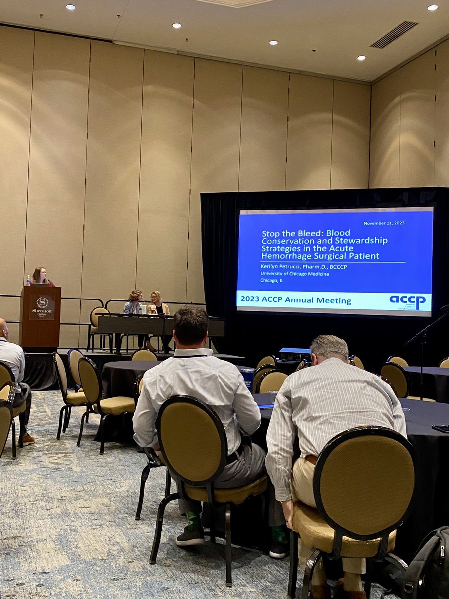 Hats off to our STICU preceptor, Dr. Kerilyn Petrucci <a href="/KP_PharmD/">Kerilyn Petrucci</a> (and her co-speakers!) for her talk at <a href="/ACCP/">ACCP</a> on blood conservation strategies in the hemorrhage 🩸 surgical patient. Way to make us proud! 

#PharmRes #TwitteRx
