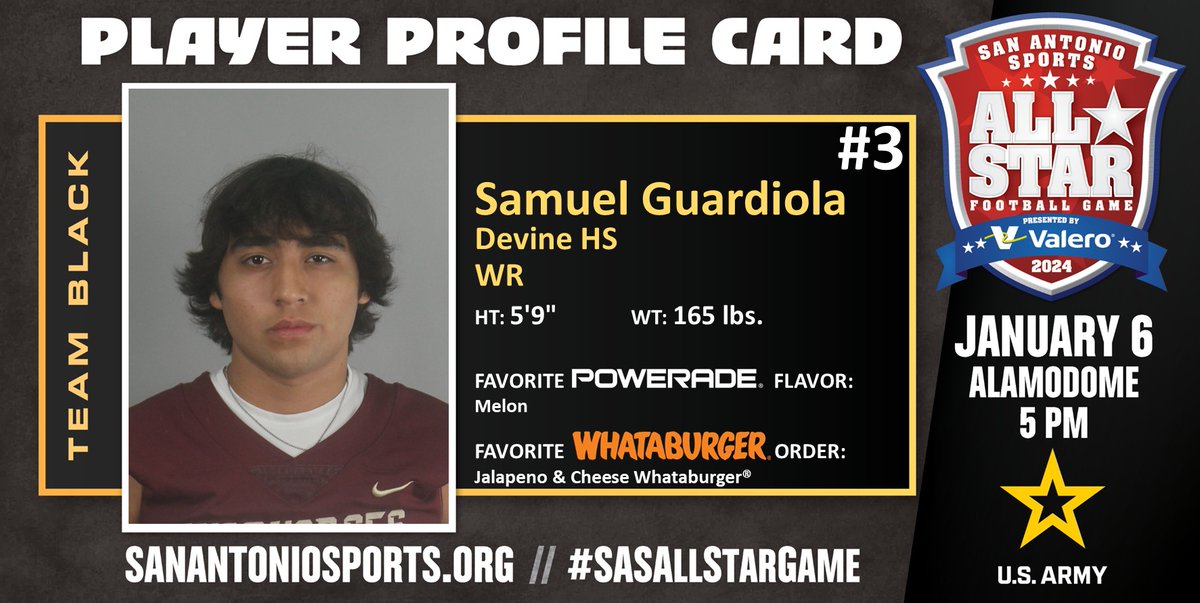Meet <a href="/SamuelGuardio11/">SAM🐐</a> from @devine_ISD_AD who will compete in the San Antonio Sports All-Star Football Game pres. by <a href="/ValeroEnergy/">Valero</a> at the Alamodome on Jan. 6 @usarmysatx #SASAllStarGame <a href="/USArmy/">U.S. Army</a> #BeAllYouCanBe <a href="/POWERADE/">POWERADE</a> <a href="/Whataburger/">Whataburger®</a>

<a href="/devineisd/">Devine ISD</a>
<a href="/DevineHS/">Devine High School</a>