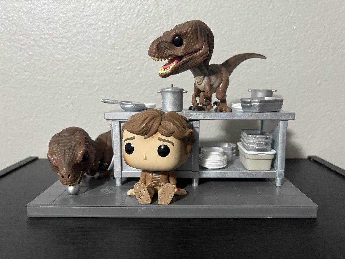 ZachSietsma's tweet photo. The last one I currently have from the Jurassic Park movie moments of Tim Murphy with Velociraptors. #Funko #FunkoPop #JurassicPark #Velociraptors #TimMurphy https://t.co/cVr9xYkHor