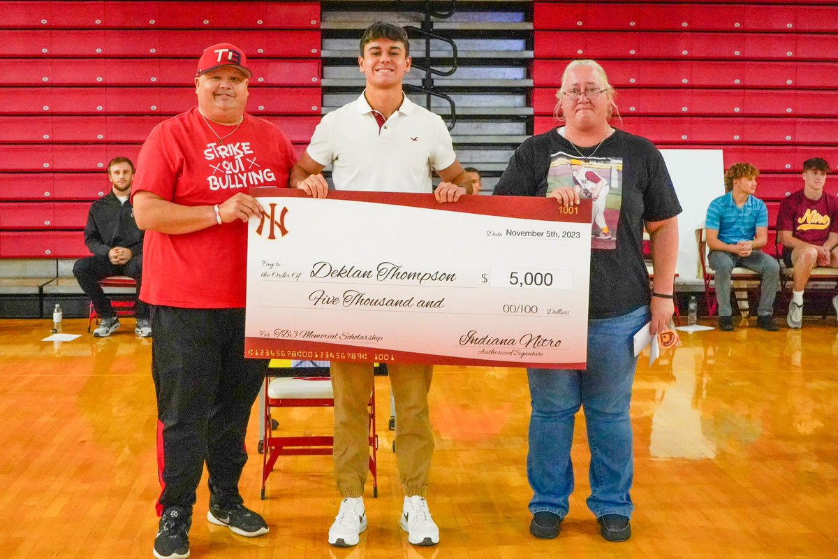 Indiana Nitro (@indiananitro) on Twitter photo Nitro 2024 INF <a href="/DeklanThompson/">Deklan Thompson</a> receiving his “TB3 Memorial Scholarship.”
Standing with Deklan are Terry and Robyn Badger, parents of the late TB3.
Deklan will attend and play at the next level for <a href="/baseball_HU/">Huntington University Baseball</a>
#EndBullyingNow
#BiggerThanBaseball Nitro 2024 INF <a href="/DeklanThompson/">Deklan Thompson</a> receiving his “TB3 Memorial Scholarship.”
Standing with Deklan are Terry and Robyn Badger, parents of the late TB3.
Deklan will attend and play at the next level for <a href="/baseball_HU/">Huntington University Baseball</a>
#EndBullyingNow
#BiggerThanBaseball