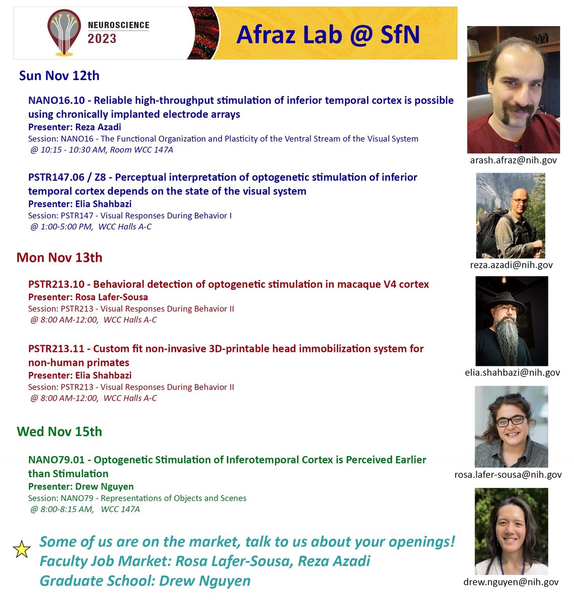 Arash Afraz (@afrazarash) on Twitter photo If you are at the SFN this year, come see these presentations from my group.
<a href="/SfNtweets/">Society for Neuroscience (SfN)</a> #sfn2023
<a href="/RezaAzadi_/">Reza Azadi</a> <a href="/EliaShahbazi/">Elia Shahbazi</a> <a href="/RozFranklin51/">Rosa Lafer-Sousa</a> If you are at the SFN this year, come see these presentations from my group.
<a href="/SfNtweets/">Society for Neuroscience (SfN)</a> #sfn2023
<a href="/RezaAzadi_/">Reza Azadi</a> <a href="/EliaShahbazi/">Elia Shahbazi</a> <a href="/RozFranklin51/">Rosa Lafer-Sousa</a>