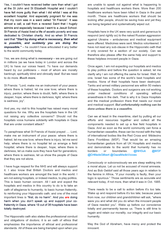 Y'day I'd a procedure @ <a href="/StJohnElizHosp/">St John and St Elizabeth Hospital</a> with superb care. Sadly, all the time there I felt a deep sense of guilt; that whilst I had the best medical care, there are tens of 1000s of innocent people being denied that basis human right
<a href="/NHSuk/">NHS</a> <a href="/MSF/">MSF International</a> <a href="/DrMadsGilbert/">Dr. Mads Gilbert</a> <a href="/GazaMedicVoices/">GazaMedicVoices</a>