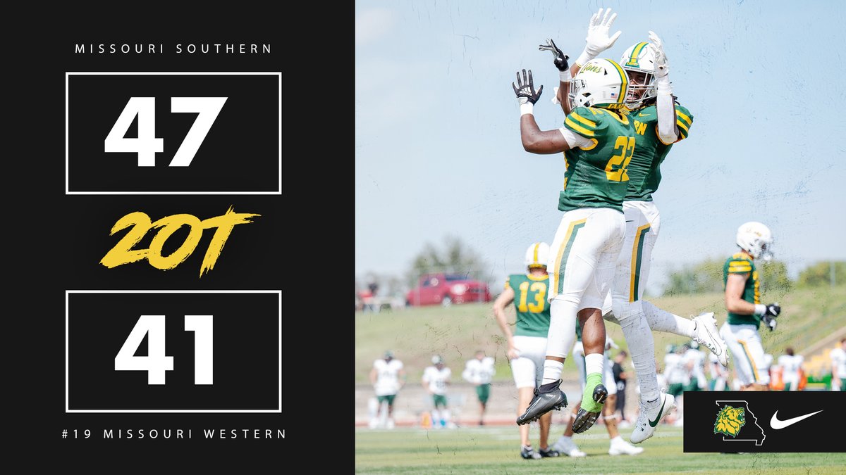 MOSOFootball's tweet image. COMEBACK COMPLETE!!! Down 34-26 with 32 seconds left in regulation, the Lions upset #19 Missouri Western in double overtime!!

Sampson: 24-36, 374 yards, 4 TD
Stoshak: 7 rec., 112 yards, 1 TD
Campbell: 6 rec., 94 yards, 1 TD
Interceptions: Hollingsworth, McSwain, Kruse