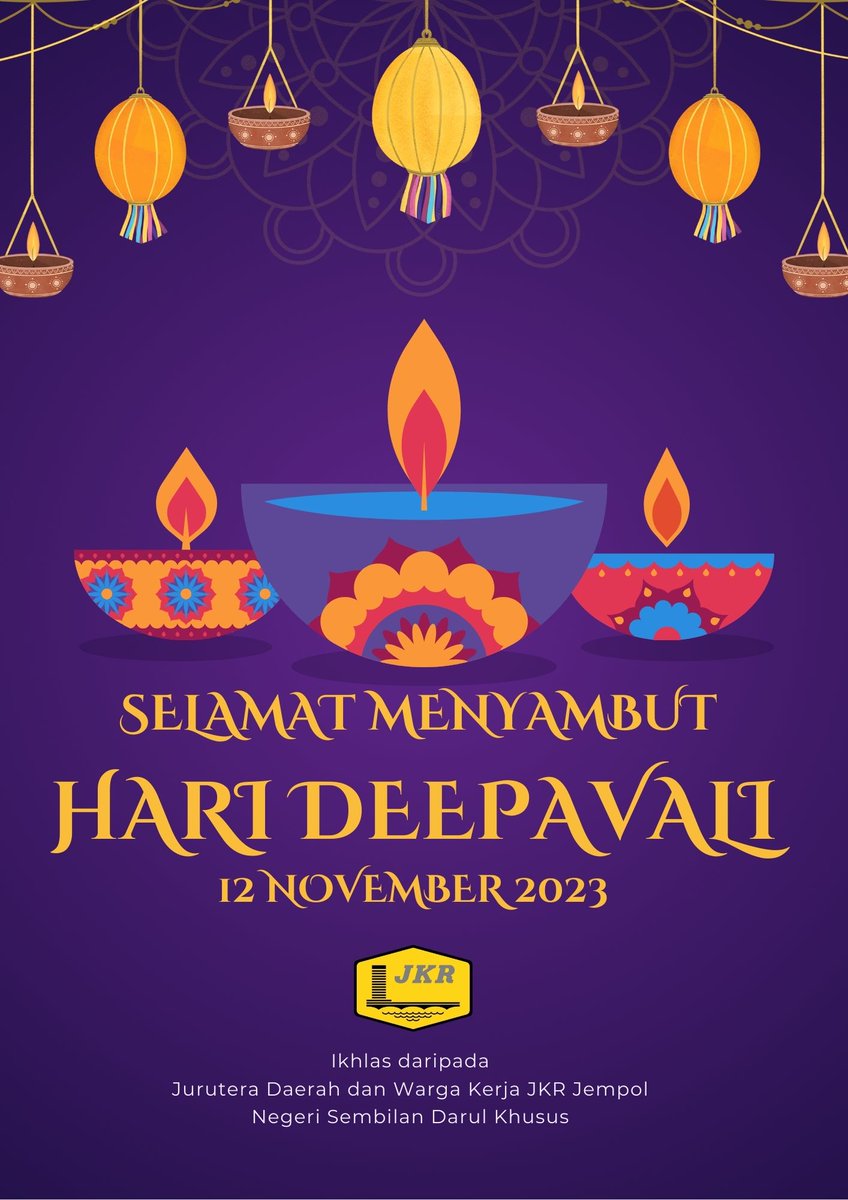 Selamat Menyambut Hari Deepavali diucapkan kepada rakyat Malaysia yang beragama Hindu yang merayakan perayaan ini.

'Deepavali Valthukkal'

Ikhlas daripada 
Jurutera Daerah dan Warga Kerja JKR Jempol 

#BersihMuafakatSejahtera 
#MalaysiaMADANI 
#JasaKepadaRakyat 
#deepavali2023