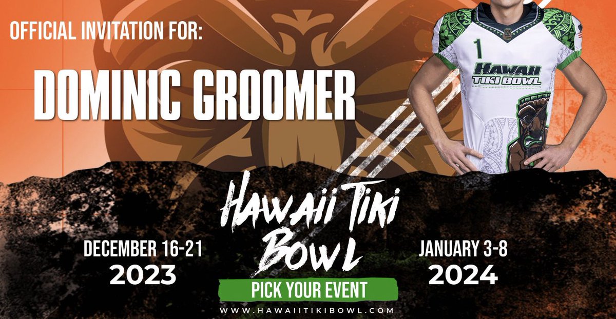 Dom (@dominicgroomer4) on Twitter photo I wanna thank <a href="/HawaiiTikiBowl/">Hawaii Tiki Bowl</a> for the official invitation to play in the Tiki Bowl held in Honolulu, Hawaii. One last opportunity to put the pads on! I wanna thank <a href="/HawaiiTikiBowl/">Hawaii Tiki Bowl</a> for the official invitation to play in the Tiki Bowl held in Honolulu, Hawaii. One last opportunity to put the pads on!