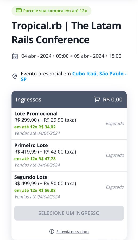 SOLD OUT!

All Tropical.rb’s tickets were sold in just one day and a half!
We are very excited to write this historical with all you people!

Let's shake the ruby and rails community a lot!!!!
#tropicalrb

#ruby #rails #community