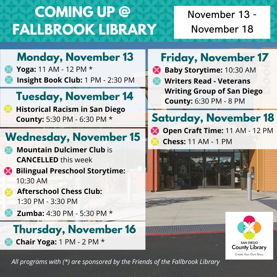 FallbrookSDCL's tweet image. Check out this week&apos;s events at the library!
#fallbrooklibrary #fallbrook #fallbrookca #sdcl