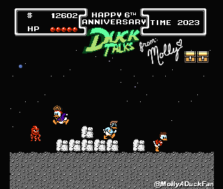 MollyADuckFan's tweet photo. Happy 6th Year Anniversary @DuckTalks ! 🥳🎉 
I hope you enjoy this art I made you to celebrate! It's a NES DuckTalks Moon Adventure! Hope you guys like it! 😁
Thank you so much for always keeping us #DuckTales Fans up to date! 
Best Wishes - Molly 🎈🥳 https://t.co/oXw74n4SaW