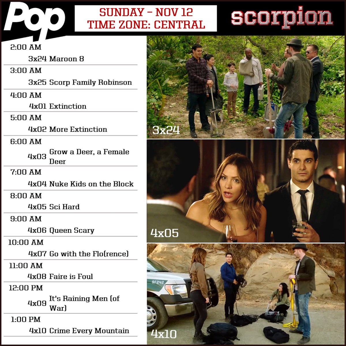 Scorpionfanint1's tweet image. Dear American fans, here is the usual program schedule for tomorrow&apos;s Scorpion marathon on @PopTV.
Have fun with @ScorpionCBS!
#scorpioncbs