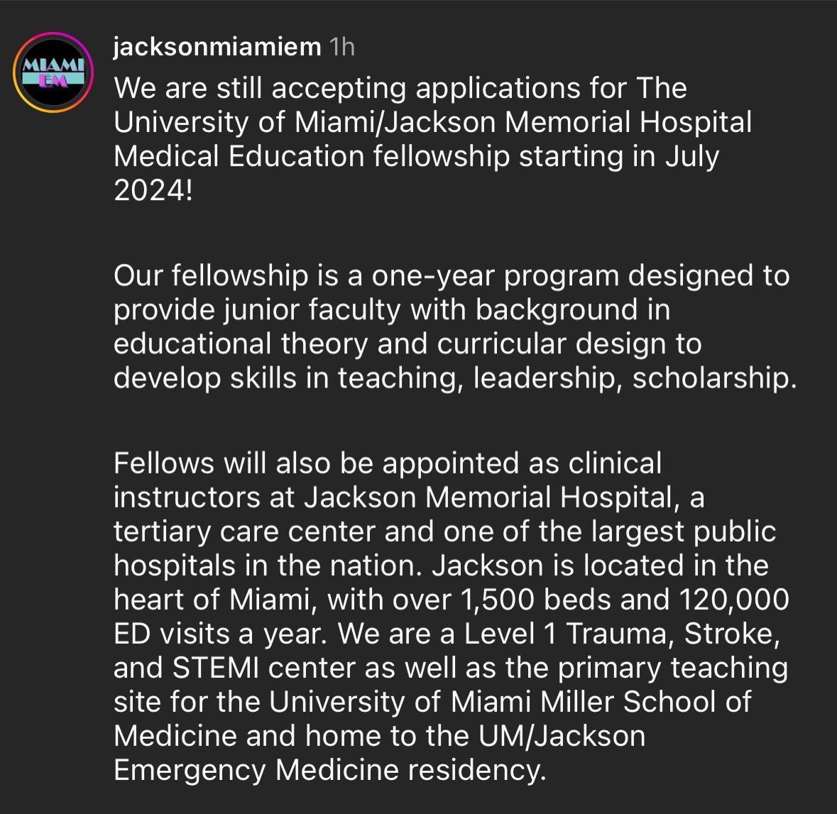 New #MedEd fellowship at <a href="/jacksonmiamiEM/">Jackson EM Residency</a>! Now accepting applications. 

If you have any questions about <a href="/jacksonmiamiEM/">Jackson EM Residency</a>, Miami, or #MedEd, please reach out!

#FOAMed #MedEd #MedTwitter
