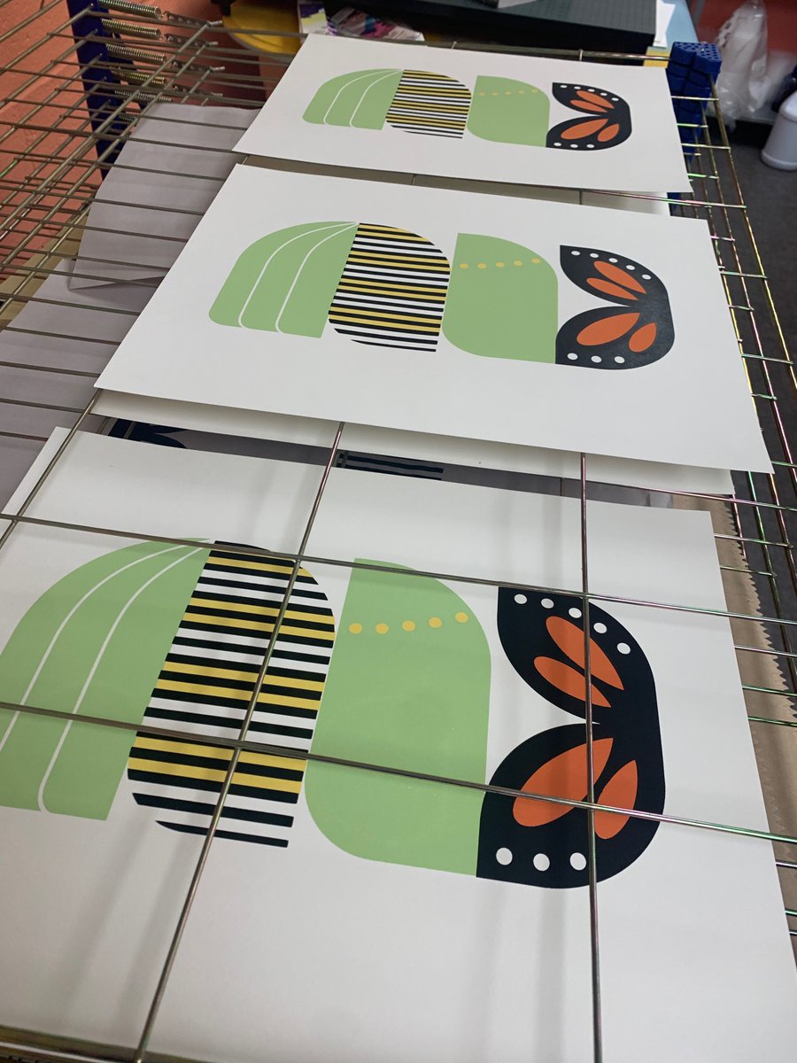 Recent prints made at #FlatFilePrintshop. Trying some new techniques! The left image is a monoprint created using materials (plants, ricrac from my grandma's sewing kit). Print on the right is a screenprint of a midcentury modern-inspired design I made partly through digital art.